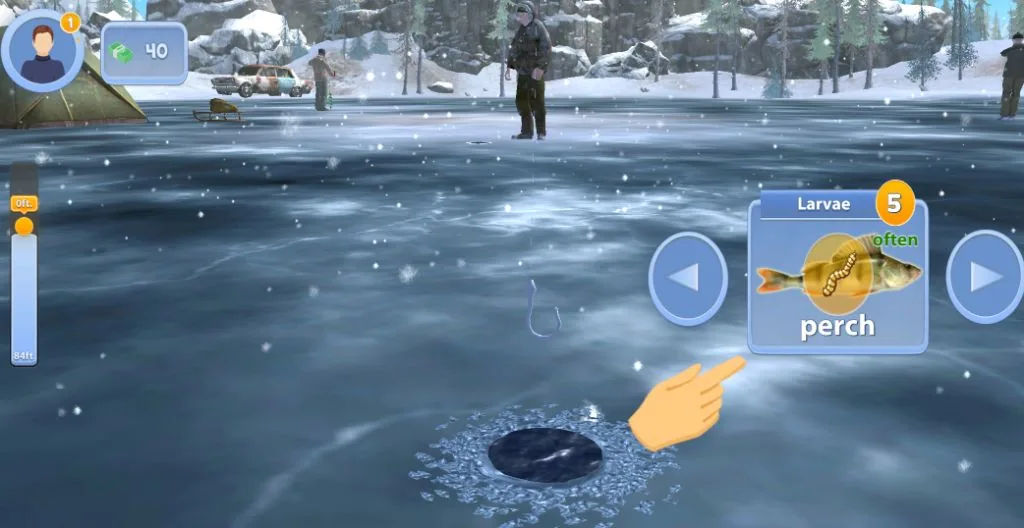 Choosing larvae bait to catch perch in the Ice Fishing game
