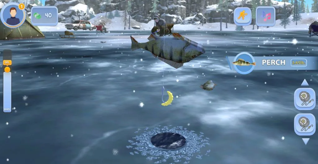 A perch bite in the Ice Fishing game on the 1win platform